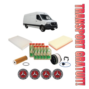 Set Pachet filtre revizie Bosch, 10 litrii ulei Castrol 5W40 MERCEDES-BENZ SPRINTER 4-t Van (B907, B910) 417 CDI RWD (907.641, 907.643, 907.645, 907.647) din 2020, 4x Stickere auto cu MERCEDES-BENZ