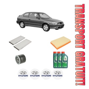 Set Pachet filtre revizie Bosch, 3 litrii ulei Castrol 10W40 HYUNDAI ACCENT II (LC) 1.5 din 2000-2005, 4x Stickere auto cu HYUNDAI