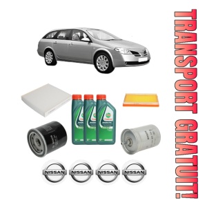 Set Pachet filtre revizie Bosch, 3 litrii ulei Castrol 10W40 NISSAN PRIMERA Estate (WP12) 1.8 din 2002-2007, 4x Stickere auto cu NISSAN