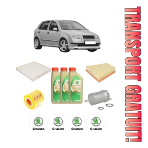 Set Pachet filtre revizie Bosch, 3 litrii ulei Castrol 5W30 SKODA FABIA I (6Y2) 1.2 din 2001-2007, 4x Stickere auto cu SKODA