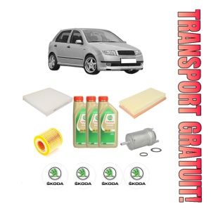 Set Pachet filtre revizie Bosch, 3 litrii ulei Castrol 5W30 SKODA FABIA I (6Y2) 1.2 din 2003-2008, 4x Stickere auto cu SKODA
