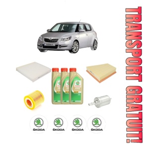 Set Pachet filtre revizie Bosch, 3 litrii ulei Castrol 5W30 SKODA FABIA II (542) 1.2 din 2007-2014, 4x Stickere auto cu SKODA