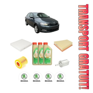 Set Pachet filtre revizie Bosch, 3 litrii ulei Castrol 5W30 SKODA RAPID (NH3, NK3, NK6) 1.2 LPG din 2012-2015, 4x Stickere auto cu SKODA