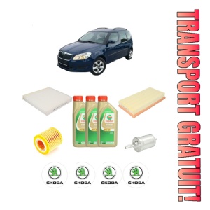 Set Pachet filtre revizie Bosch, 3 litrii ulei Castrol 5W30 SKODA ROOMSTER (5J7) 1.2 din 2006-2007, 4x Stickere auto cu SKODA
