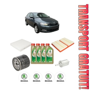 Set Pachet filtre revizie Bosch, 4 litrii ulei Castrol 0W20 SKODA RAPID (NH3, NK3, NK6) 1.0 TSI din 2017-2019, 4x Stickere auto cu SKODA