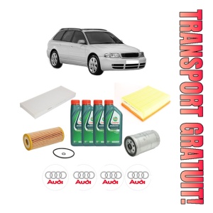 Set Pachet filtre revizie Bosch, 4 litrii ulei Castrol 10W40 AUDI A4 B5 Avant (8D5) 1.9 TDI quattro din 2000-2001, 4x Stickere auto cu AUDI