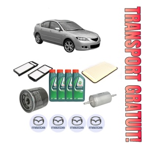 Set Pachet filtre revizie Bosch, 4 litrii ulei Castrol 10W40 MAZDA 3 Saloon (BK) 1.6 (BK12) din 2004-2009, 4x Stickere auto cu MAZDA