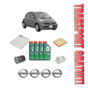Set Pachet filtre revizie Bosch, 4 litrii ulei Castrol 10W40 NISSAN MICRA III (K12) 1.4 16V din 2003-2010, 4x Stickere auto cu NISSAN