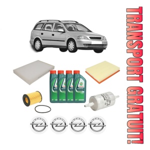 Set Pachet filtre revizie Bosch, 4 litrii ulei Castrol 10W40 OPEL ASTRA G Estate (T98) 1.2 16V (F35) din 2000-2004, 4x Stickere auto cu OPEL