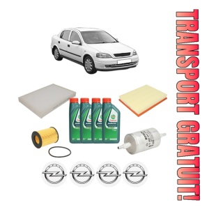 Set Pachet filtre revizie Bosch, 4 litrii ulei Castrol 10W40 OPEL ASTRA G Saloon (T98) 1.4 (F69) din 2007-2009, 4x Stickere auto cu OPEL