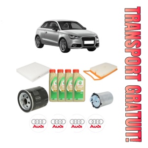 Set Pachet filtre revizie Bosch, 4 litrii ulei Castrol 5W30 AUDI A1 (8X1, 8XK) 1.4 TDI din 2014-2018, 4x Stickere auto cu AUDI