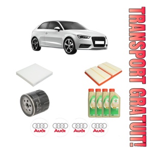 Set Pachet filtre revizie Bosch, 4 litrii ulei Castrol 5W30 AUDI A3 (8V1, 8VK) 1.0 TFSI din 2016-2017, 4x Stickere auto cu AUDI