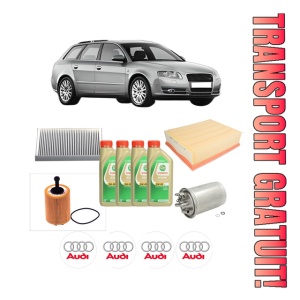 Set Pachet filtre revizie Bosch, 4 litrii ulei Castrol 5W30 AUDI A4 B7 Avant (8ED) 2.0 TDI din 2004-2008, 4x Stickere auto cu AUDI