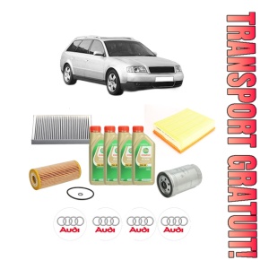 Set Pachet filtre revizie Bosch, 4 litrii ulei Castrol 5W30 AUDI A6 C5 Avant (4B5, 4B6) 1.9 TDI din 2000-2005, 4x Stickere auto cu AUDI