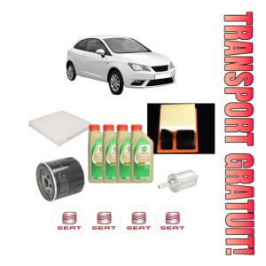 Set Pachet filtre revizie Bosch, 4 litrii ulei Castrol 5W30 SEAT IBIZA IV SC (6J1, 6P5) 1.4 din 2008-2015, 4x Stickere auto cu SEAT