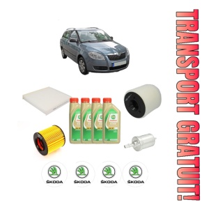 Set Pachet filtre revizie Bosch, 4 litrii ulei Castrol 5W30 SKODA FABIA II Combi (545) 1.2 TSI din 2010-2014, 4x Stickere auto cu SKODA