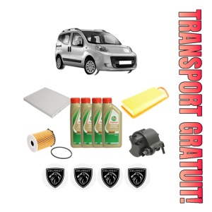 Set Pachet filtre revizie Bosch, 4 litrii ulei Castrol 5W40 PEUGEOT BIPPER TEPEE 1.4 HDi din 2008, 4x Stickere auto cu PEUGEOT
