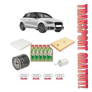Set Pachet filtre revizie Bosch, 5 litrii ulei Castrol 0W20 AUDI A1 Sportback (8XA, 8XF) 1.4 TFSI din 2014-2018, 4x Stickere auto cu AUDI