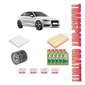 Set Pachet filtre revizie Bosch, 5 litrii ulei Castrol 0W20 AUDI A3 (8V1, 8VK) 1.5 TFSI din 2017, 4x Stickere auto cu AUDI