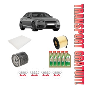 Set Pachet filtre revizie Bosch, 5 litrii ulei Castrol 0W20 AUDI A4 B9 (8W2, 8WC) 1.4 TFSI din 2015-2019, 4x Stickere auto cu AUDI