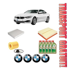 Set Pachet filtre revizie Bosch, 5 litrii ulei Castrol 0W20 BMW Seria 4 Coupe (F32, F82) 420 i xDrive din 2013-2016, 4x Stickere auto cu BMW