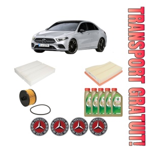 Set Pachet filtre revizie Bosch, 5 litrii ulei Castrol 0W20 MERCEDES-BENZ A-CLASS Saloon (V177) A 250 e (177.186) din 2019, 4x Stickere auto cu MERCEDES-BENZ