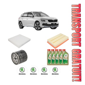 Set Pachet filtre revizie Bosch, 5 litrii ulei Castrol 0W20 SKODA KAMIQ (NW4) 1.5 TSI din 2019, 4x Stickere auto cu SKODA