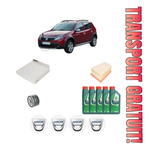 Set Pachet filtre revizie Bosch, 5 litrii ulei Castrol 10W40 DACIA SANDERO 1.6 16V din 2011, 4x Stickere auto cu DACIA