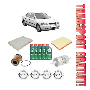 Set Pachet filtre revizie Bosch, 5 litrii ulei Castrol 10W40 OPEL ASTRA G Saloon (T98) 1.8 16V (F69) din 2000-2005, 4x Stickere auto cu OPEL