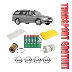 Set Pachet filtre revizie Bosch, 5 litrii ulei Castrol 10W40 OPEL VECTRA B Estate (J96) 1.8 i 16V (F35) din 2000-2003, 4x Stickere auto cu OPEL