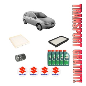 Set Pachet filtre revizie Bosch, 5 litrii ulei Castrol 10W40 SUZUKI LIANA Hatchback 1.6 (RH416) din 2001-2007, 4x Stickere auto cu SUZUKI