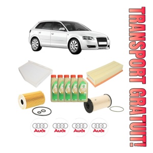 Set Pachet filtre revizie Bosch, 5 litrii ulei Castrol 5W30 AUDI A3 Sportback (8PA) 1.6 TDI din 2009-2013, 4x Stickere auto cu AUDI