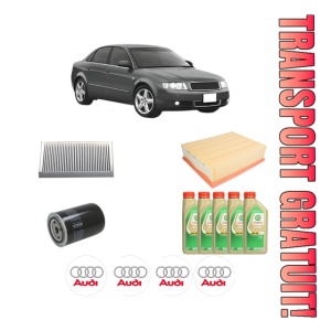Set Pachet filtre revizie Bosch, 5 litrii ulei Castrol 5W30 AUDI A4 B6 (8E2) 1.8 T quattro din 2001-2004, 4x Stickere auto cu AUDI