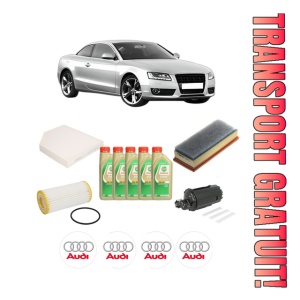 Set Pachet filtre revizie Bosch, 5 litrii ulei Castrol 5W30 AUDI A5 (8T3) 1.8 TFSI din 2007-2017, 4x Stickere auto cu AUDI