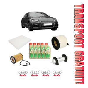 Set Pachet filtre revizie Bosch, 5 litrii ulei Castrol 5W30 AUDI A5 (F53, F5P) 2.0 TDI din 2017-2020, 4x Stickere auto cu AUDI