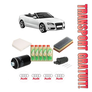 Set Pachet filtre revizie Bosch, 5 litrii ulei Castrol 5W30 AUDI A5 Convertible (8F7) 2.0 TFSI din 2009-2012, 4x Stickere auto cu AUDI