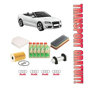 Set Pachet filtre revizie Bosch, 5 litrii ulei Castrol 5W30 AUDI A5 Convertible (8F7) 2.0 TDI din 2011-2015, 4x Stickere auto cu AUDI