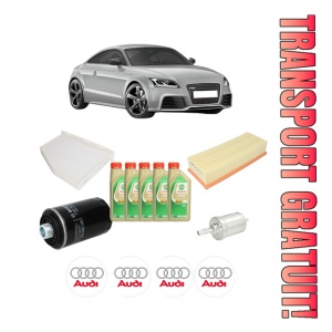 Set Pachet filtre revizie Bosch, 5 litrii ulei Castrol 5W30 AUDI TT (8J3) 1.8 TFSI din 2008-2014, 4x Stickere auto cu AUDI