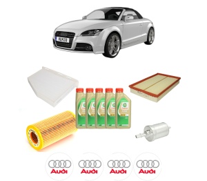 Set Pachet filtre revizie Bosch, 5 litrii ulei Castrol 5W30 AUDI TT Roadster (8J9) 2.0 TTS quattro din 2008-2014, 4x Stickere auto cu AUDI - Img 2