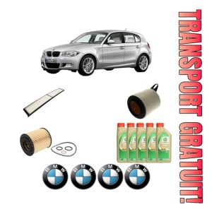 Set Pachet filtre revizie Bosch, 5 litrii ulei Castrol 5W30 BMW Seria 1 (E81) 118 i din 2006-2011, 4x Stickere auto cu BMW