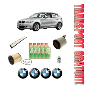 Set Pachet filtre revizie Bosch, 5 litrii ulei Castrol 5W30 BMW Seria 1 (E87) 120 i din 2007-2011, 4x Stickere auto cu BMW
