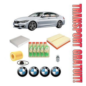 Set Pachet filtre revizie Bosch, 5 litrii ulei Castrol 5W30 BMW Seria 4 Gran Coupe (F36) 420 i din 2014-2017, 4x Stickere auto cu BMW