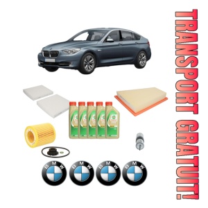 Set Pachet filtre revizie Bosch, 5 litrii ulei Castrol 5W30 BMW Seria 5 Gran Turismo (F07) 528 i din 2013-2017, 4x Stickere auto cu BMW