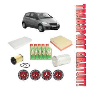 Set Pachet filtre revizie Bosch, 5 litrii ulei Castrol 5W30 MERCEDES-BENZ A-CLASS (W169) A 160 (169.031, 169.331) din 2009-2012, 4x Stickere auto cu MERCEDES-BENZ