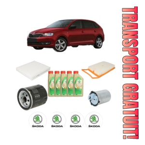 Set Pachet filtre revizie Bosch, 5 litrii ulei Castrol 5W30 SKODA RAPID Spaceback (NH1) 1.4 TDI din 2015-2019, 4x Stickere auto cu SKODA