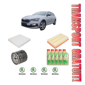 Set Pachet filtre revizie Bosch, 5 litrii ulei Castrol 5W30 SKODA SCALA (NW1) 1.5 TSI din 2019, 4x Stickere auto cu SKODA