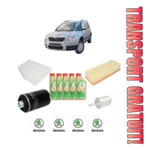 Set Pachet filtre revizie Bosch, 5 litrii ulei Castrol 5W30 SKODA YETI (5L) 1.8 TSI 4x4 din 2009-2017, 4x Stickere auto cu SKODA