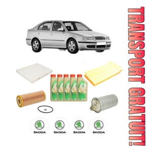 Set Pachet filtre revizie Bosch, 5 litrii ulei Castrol 5W30 SKODA Octavia I (1U2) 1.9 TDI din 2005-2010, 4x Stickere auto cu SKODA