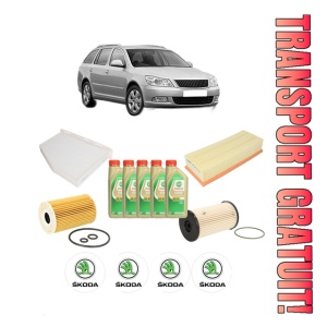 Set Pachet filtre revizie Bosch, 5 litrii ulei Castrol 5W30 SKODA Octavia II Combi (1Z5) 1.6 TDI din 2009-2013, 4x Stickere auto cu SKODA