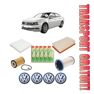 Set Pachet filtre revizie Bosch, 5 litrii ulei Castrol 5W30 Volkswagen PASSAT B8 (3G2, CB2) 2.0 TDI din 2015-2016, 4x Stickere auto cu Volkswagen